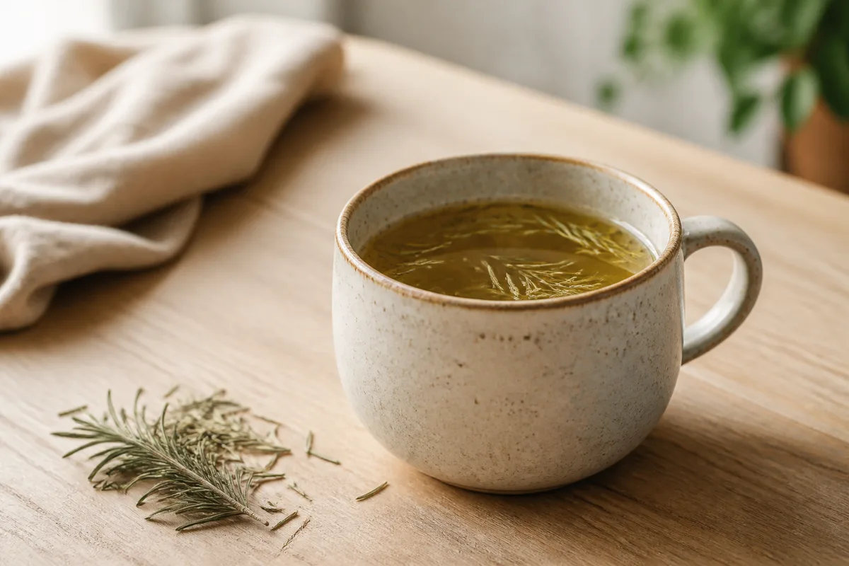 Infusion de feuilles de romarin séchées dans une tasse en grès posée sur une table en bois clair