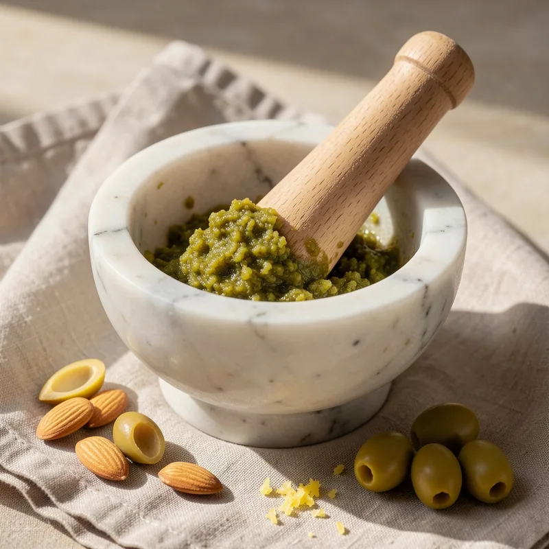 Pâte d’olives vertes et amandes émondées dans un mortier en marbre avec un pilon en bois