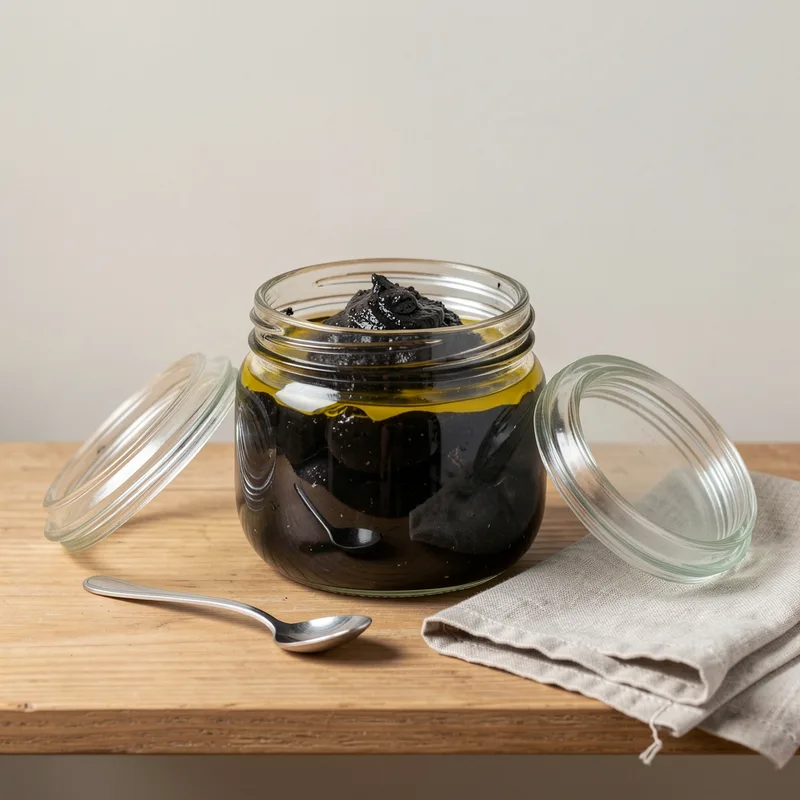 Bocal en verre rempli de pâte d’olives noires recouverte d’une couche d’huile d’olive