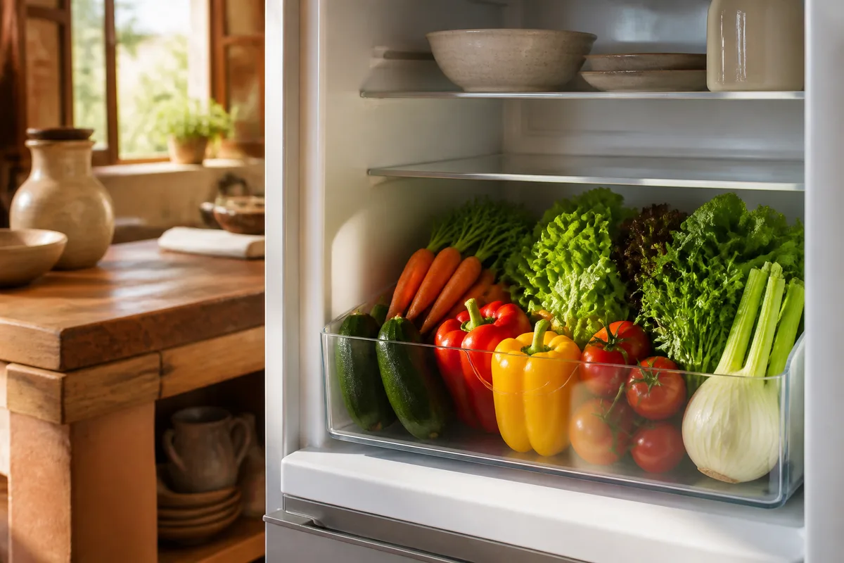Bac à légumes de réfrigérateur organisé avec légumes frais rangés séparément