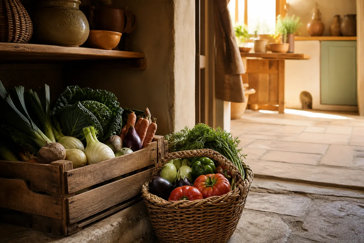Cagette et panier de légumes rangés dans un cellier frais et sombre