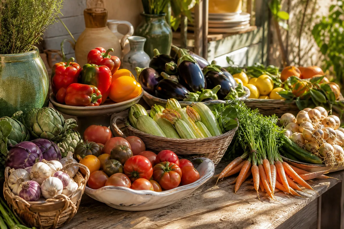 Étal de marché garni de légumes et de fruits de saison variés