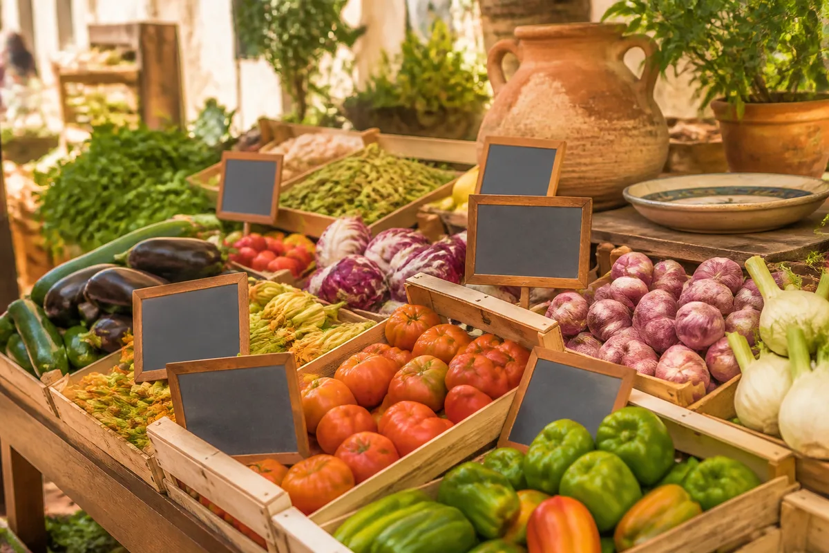 Cageots de légumes de saison avec ardoises de prix sur un marché