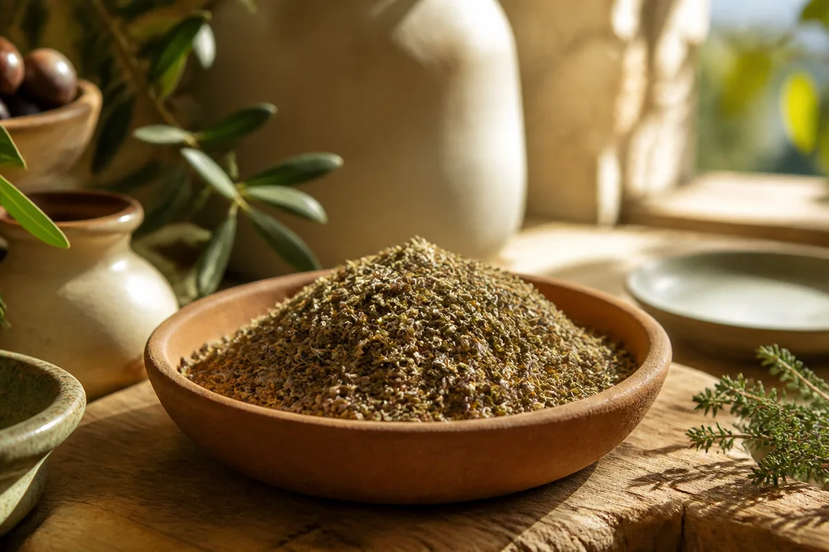 Mélange d’herbes de Provence séchées présenté dans une coupelle en terre cuite
