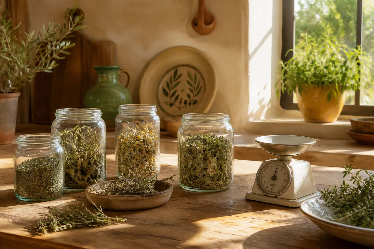 Bocaux d’herbes séchées et petite balance de cuisine sur un plan de travail