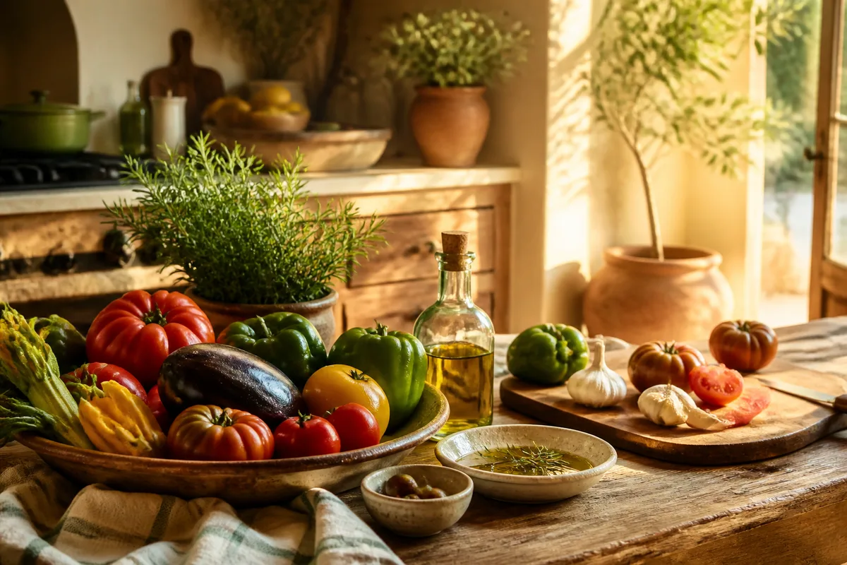 Planche de bois garnie de branches de romarin, de tomates mûres, de citrons et d'une bouteille d'huile d'olive