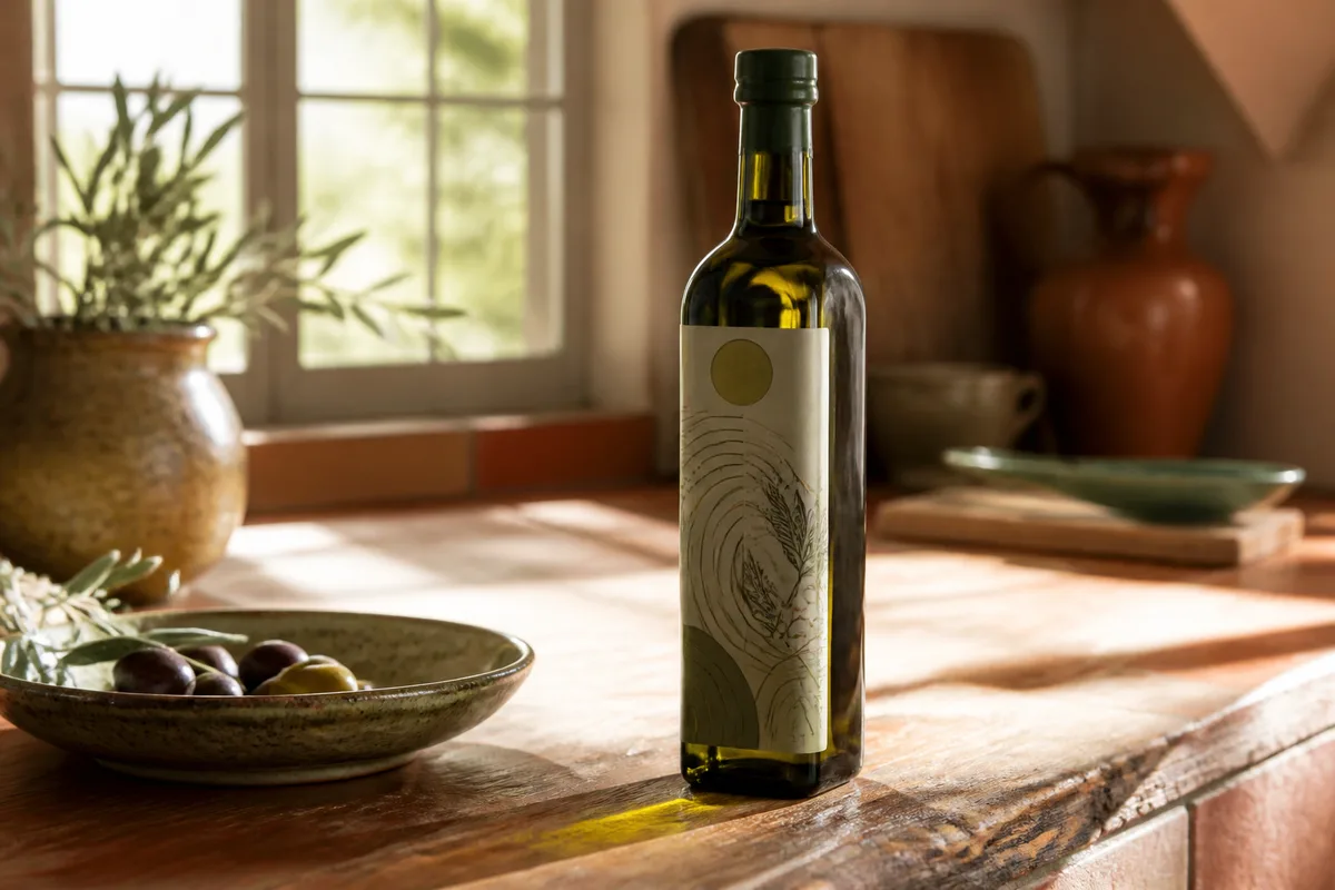 Bouteille d’huile d’olive teintée et étiquette détaillée sur un plan de travail