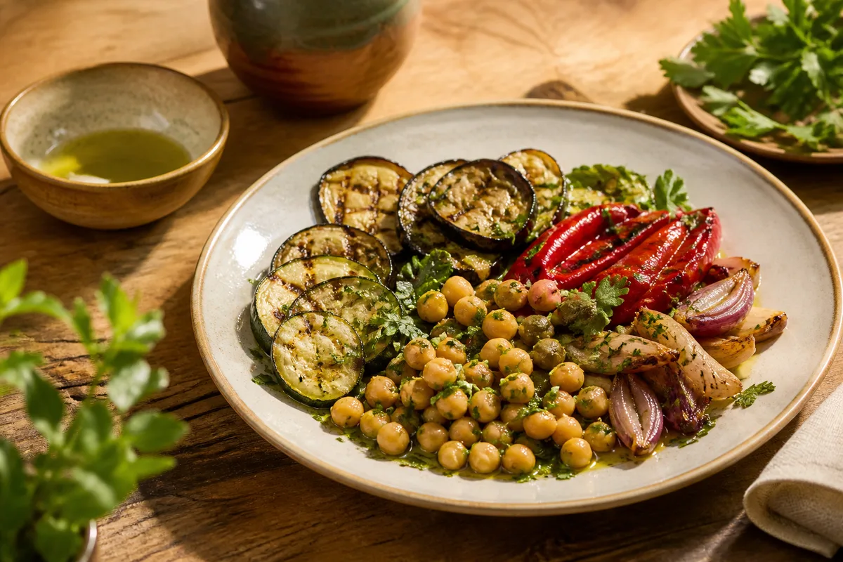Assiette composée de légumes grillés, pois chiches et filet d’huile d’olive