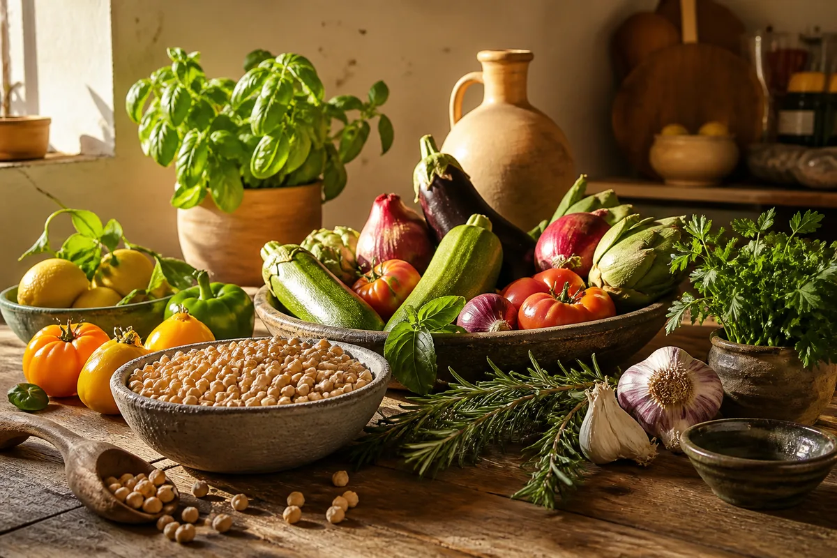 Plan de travail avec légumes de saison, pois chiches secs et herbes fraîches