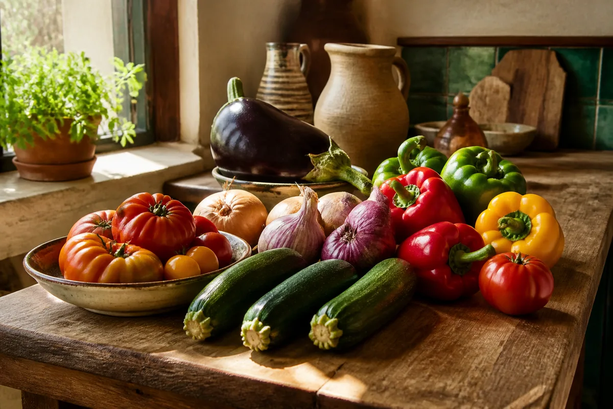 Légumes d’été entiers posés sur un plan de travail avant préparation