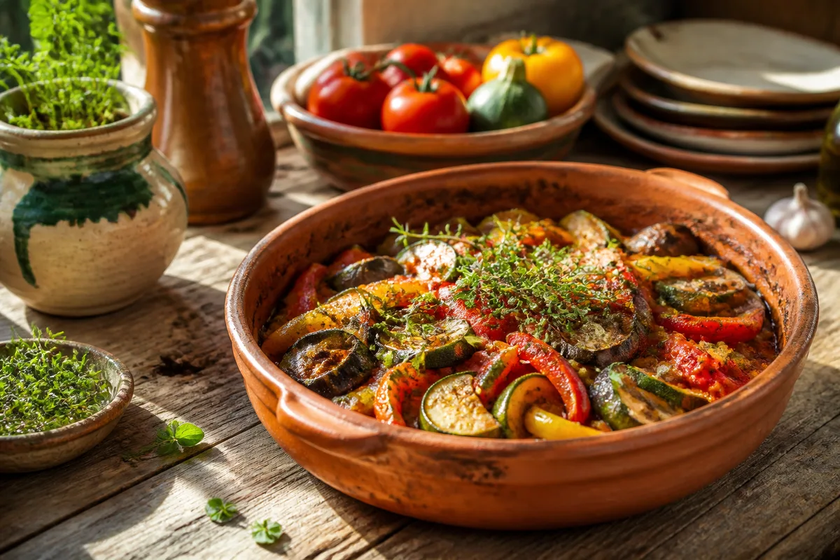Ratatouille servie dans un plat en terre cuite avec des herbes fraîches