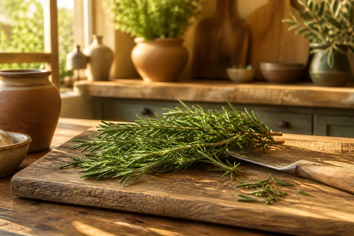 Branches de romarin frais posées sur une planche en bois avec un couteau de cuisine