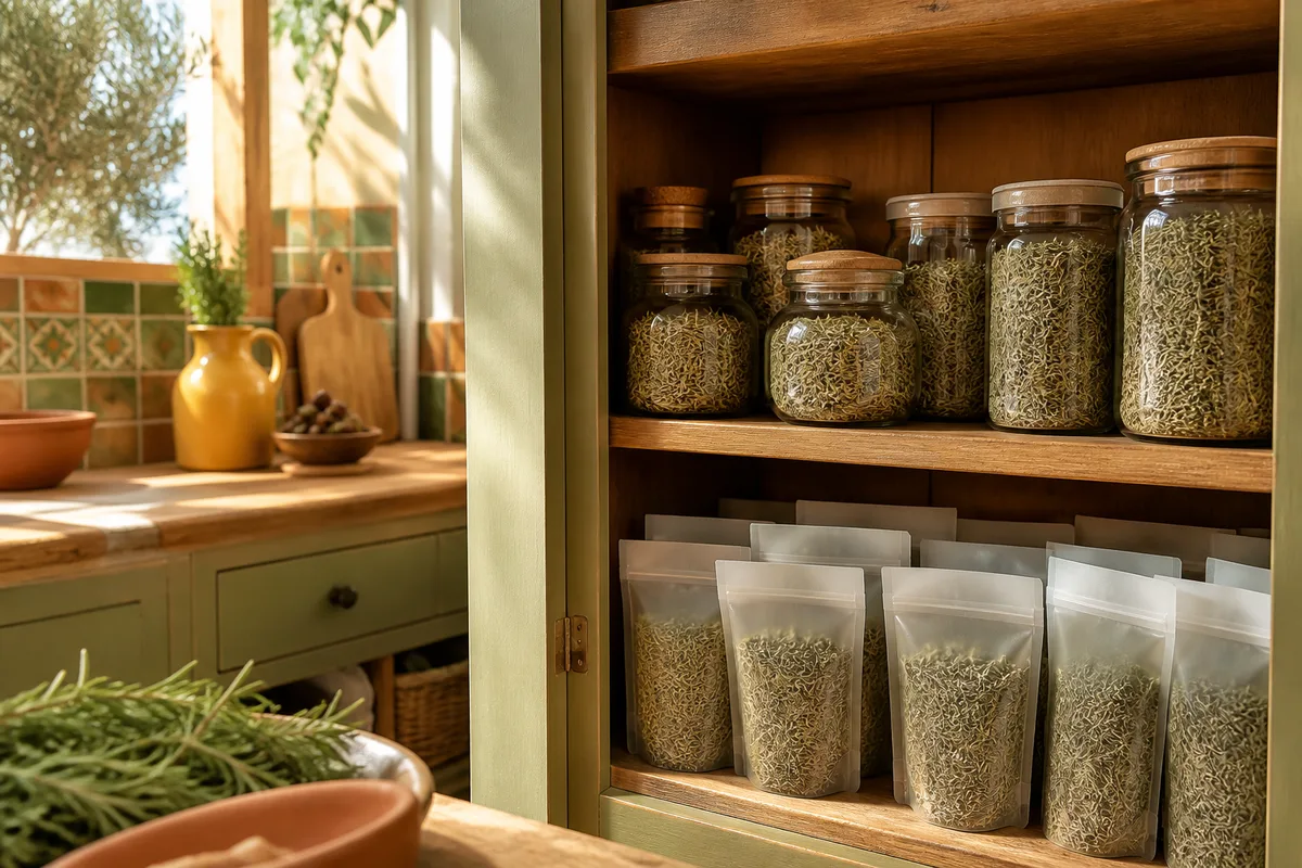 Bocaux et sachets de romarin séché rangés dans un placard de cuisine