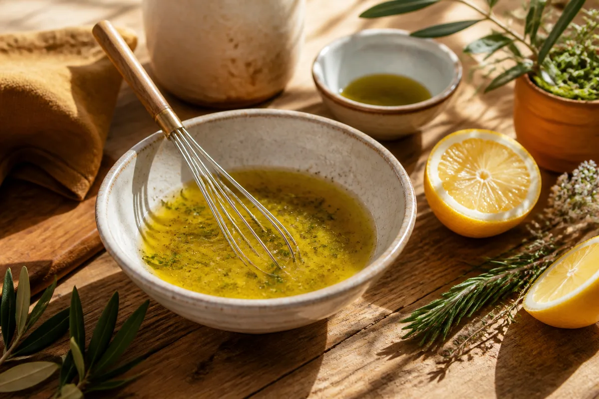 Bol de vinaigrette maison avec huile d’olive, citron et herbes fraîches